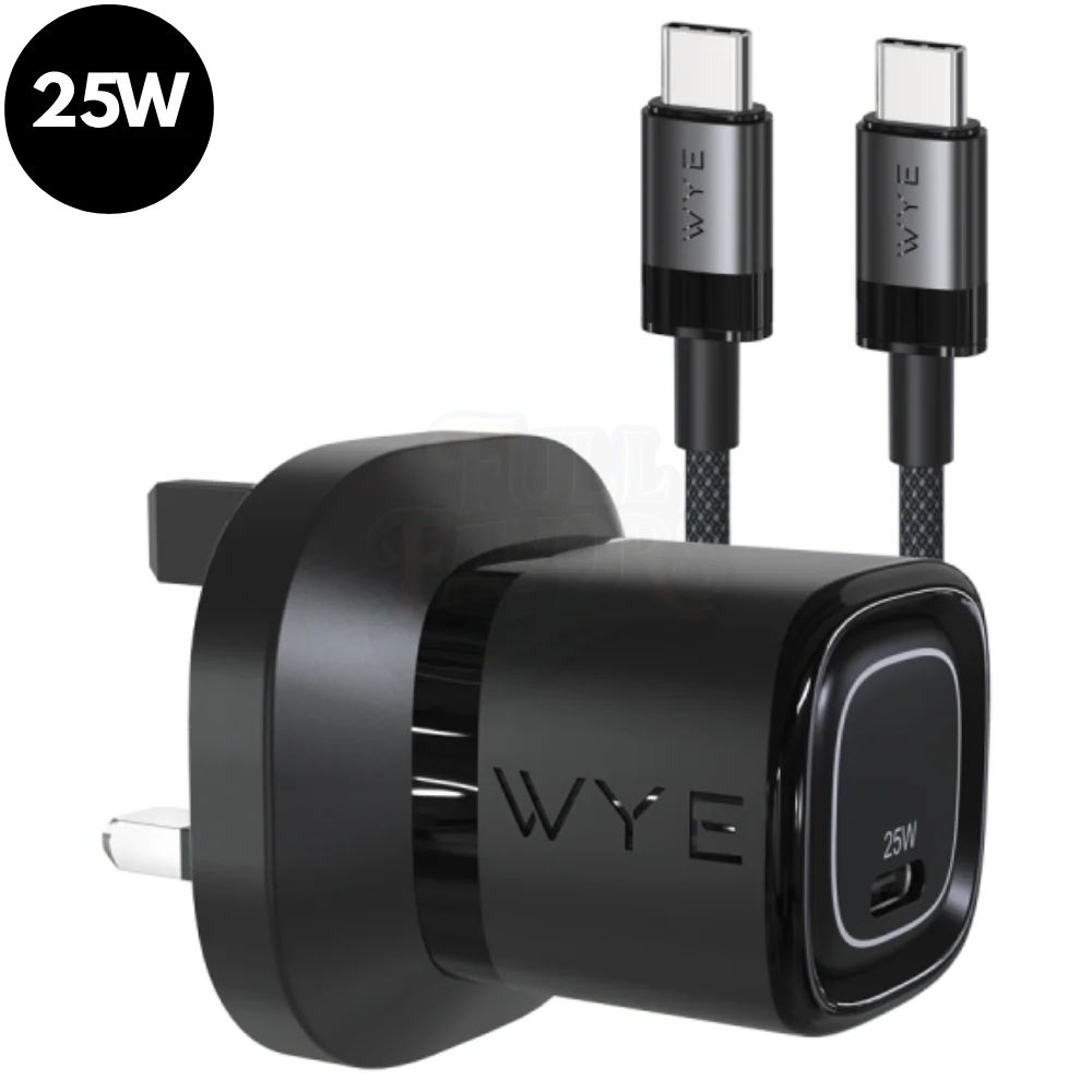 25W GaN III Single USB-C Fast Charger with USB-C Cable – Black or White