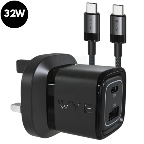 32W GaN III Dual-Port Fast Charger with USB-C Cable – White or Black