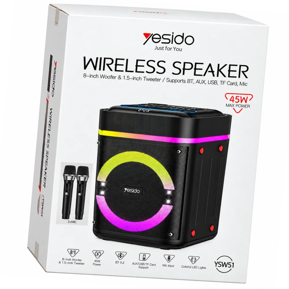 45W Portable Karaoke Bluetooth Speaker – Dual Microphones – RGB Lights